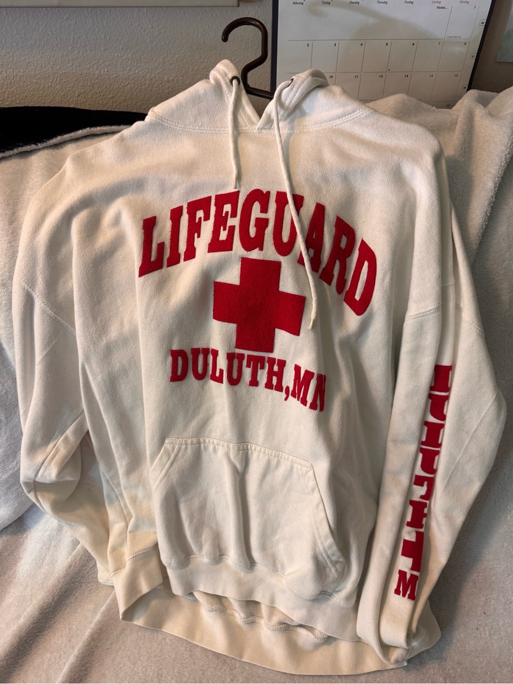 White Lifeguard Crewneck Hoodie with Red Graphic